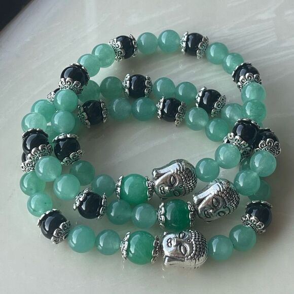 Green aventurine jade obsidian Buddha ONE stretch beaded bracelet NEW reiki medi - Picture 2 of 10
